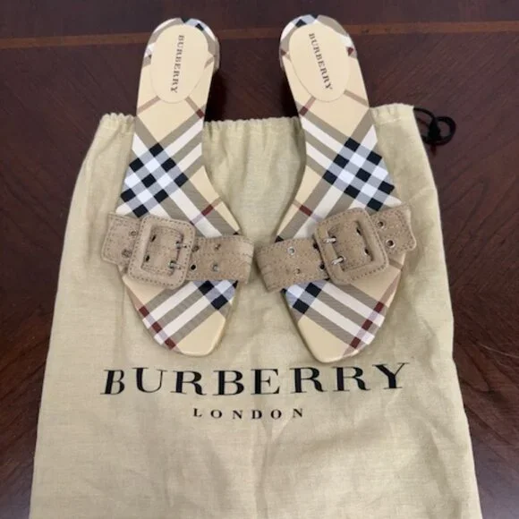 Burberry Beige Plaid Suede Buckle Slide Sandals - Picture 1 of 4